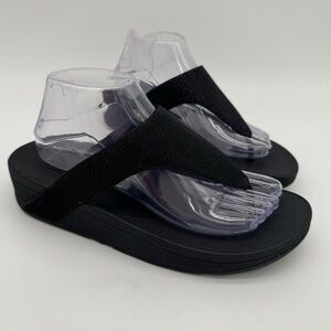 New FitFlop Lottie Glitzy Black Toe Post Wedge Sandal Size 9